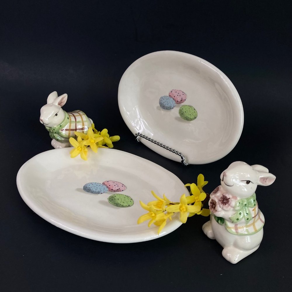 Rae Dunn Speckled Egg Hand Painted 8" Oval Dessert Dish Farm Core Collectible